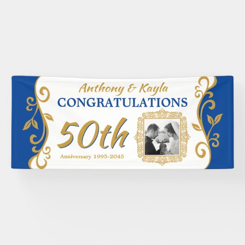 50th Wedding Anniversary Add Your Photo Blue Gold Banner