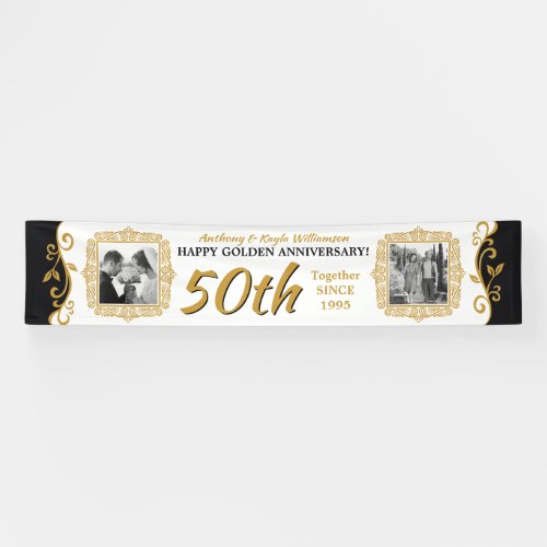 50th Wedding Anniversary Add Your Photo Gold Black Banner