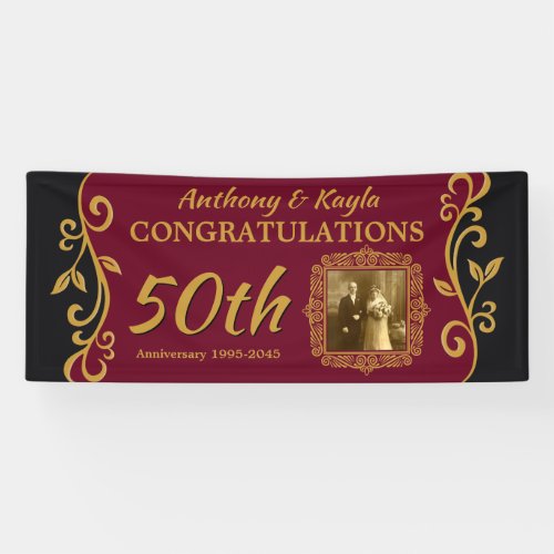 50th Wedding Anniversary Add Your Photo Red Black Banner