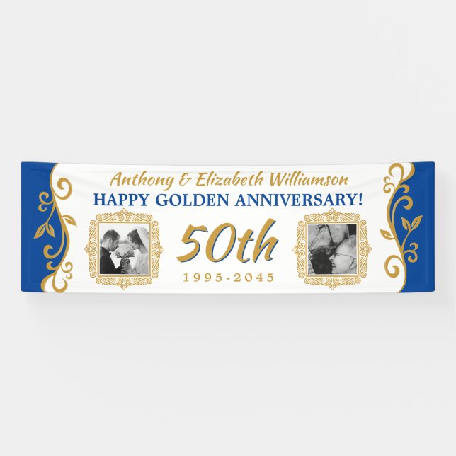 50th Wedding Anniversary Add Your Photos Blue Gold Banner (Horizontal)