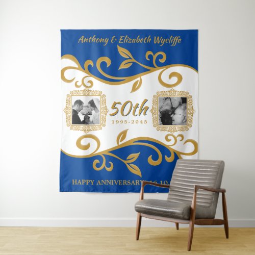 50th Wedding Anniversary Add Your Photos Blue Gold Tapestry