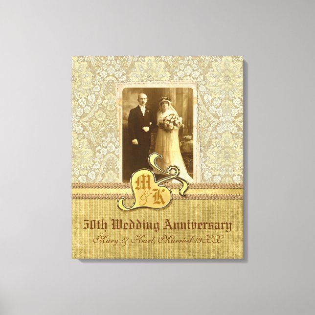 50th Wedding Anniversary Antique Damask Gold Canvas Print (Front)