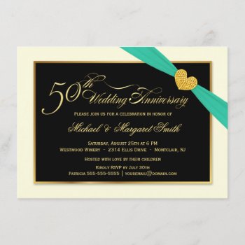 50th Wedding Anniversary Aqua Ribbon Invitations by SquirrelHugger at Zazzle