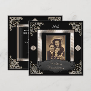 50th Wedding Anniversary Art Deco Black Sepia Invitation