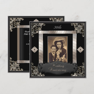 50th Wedding Anniversary Art Deco Black Sepia Invitation