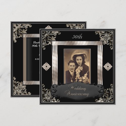 50th Wedding Anniversary Art Deco Black Sepia Custom Announcement