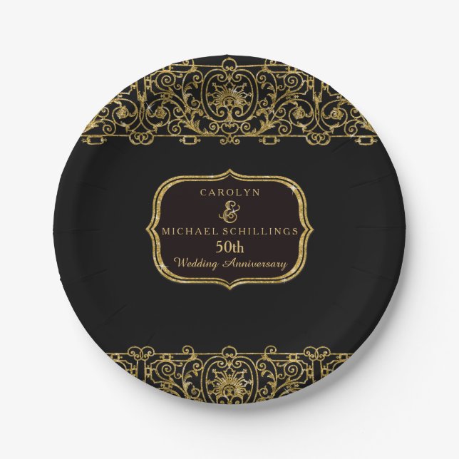 50th Wedding Anniversary Art Deco Nouveau Party Paper Plates (Front)