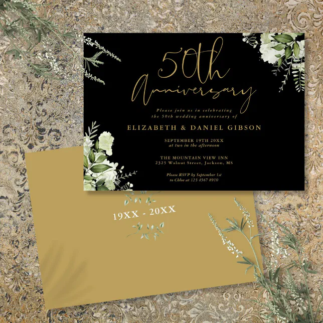 50th Wedding Anniversary Black And Gold Floral Invitation | Zazzle