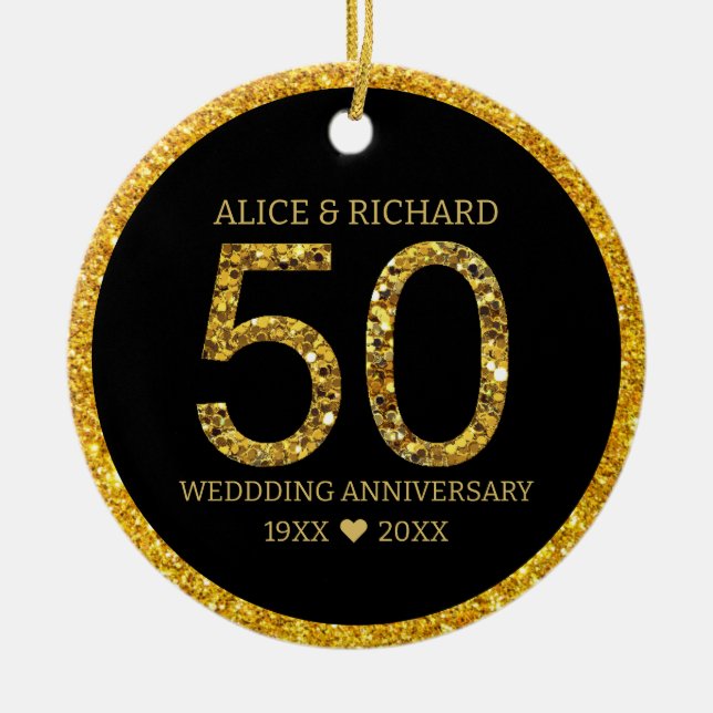 50th Wedding Anniversary Black And Gold Glitter Ceramic Ornament (Front)