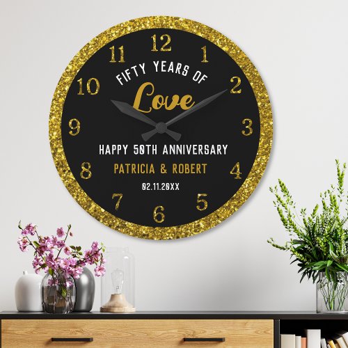 50th Wedding Anniversary Black And Gold Glitter Large Clock