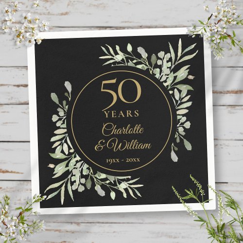50th Wedding Anniversary Black And Gold Greenery Napkins