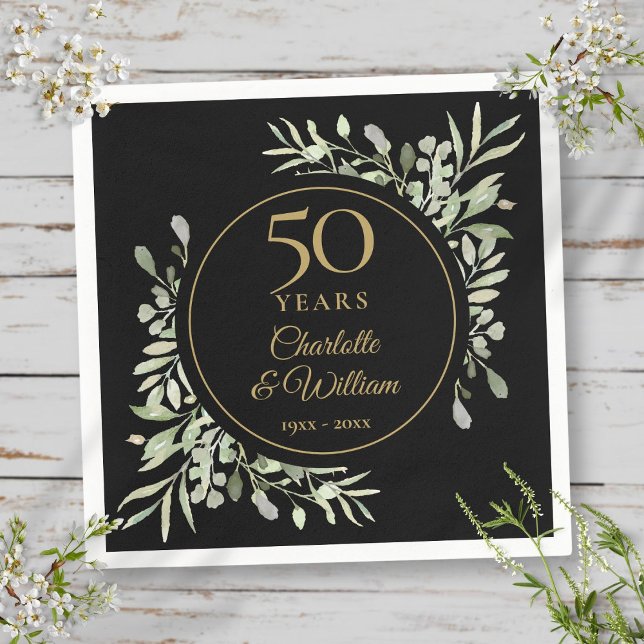 50th Wedding Anniversary Black And Gold Greenery Napkins (50th Wedding Anniversary Black And Gold Greenery Napkins)