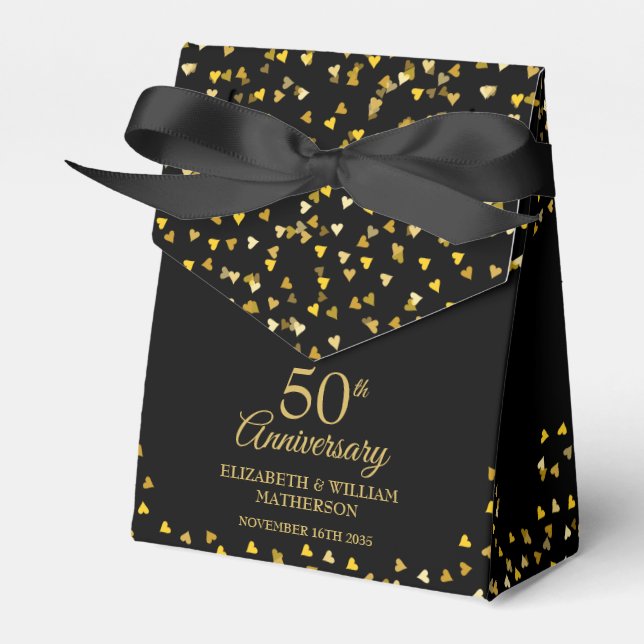 50th Wedding Anniversary Black And Gold Hearts Favor Boxes (Front Side)