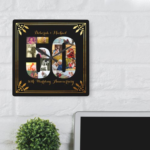 50th Wedding Anniversary Black and Gold Photo Square Wall Clock