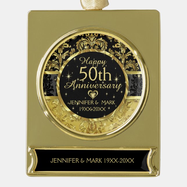 50th Wedding Anniversary-Black And Gold Plated Banner Ornament (Front)