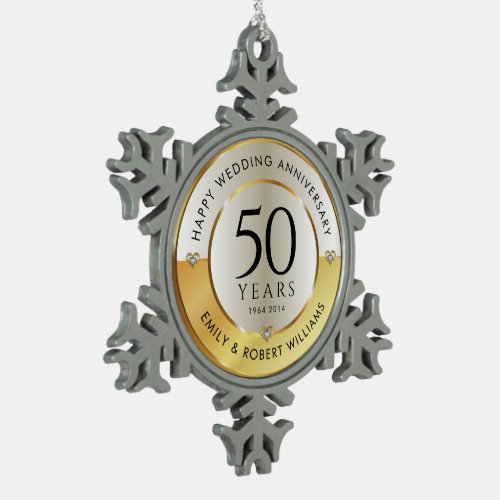 50th wedding anniversary black and gold snowflake pewter christmas ornament