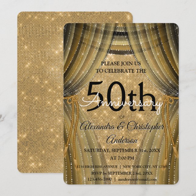 50th Wedding Anniversary Black and Gold Sparkle Invitation (Front/Back)