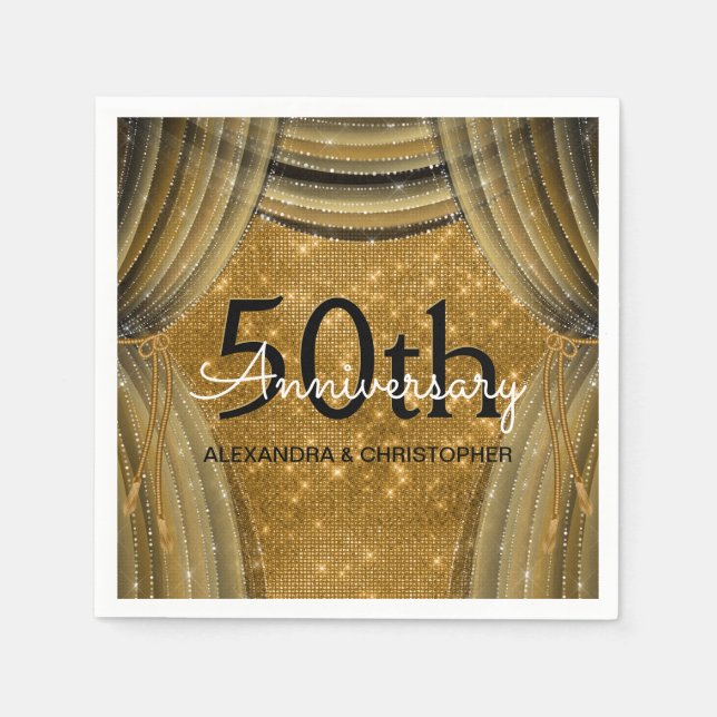 50th Wedding Anniversary Black and Gold Sparkle Paper Napkins (Front)