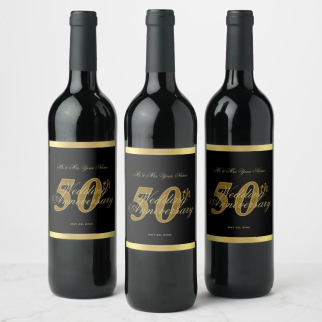 50th Wedding Anniversary Black and Gold Wine Label (Bottles)