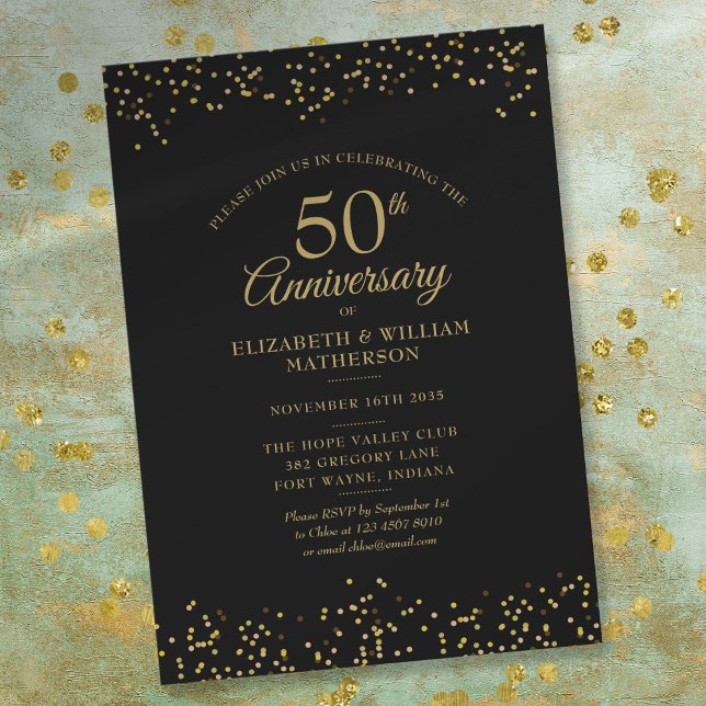 50th Wedding Anniversary Black Gold Confetti Invitation (Creator Uploaded)