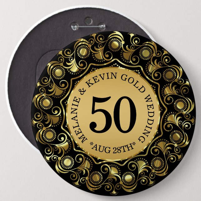 50th Wedding Anniversary Black & Gold, Custom Text Pinback Button (Front & Back)