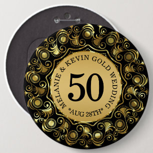 50th Wedding Anniversary Black & Gold, Custom Text Pinback Button