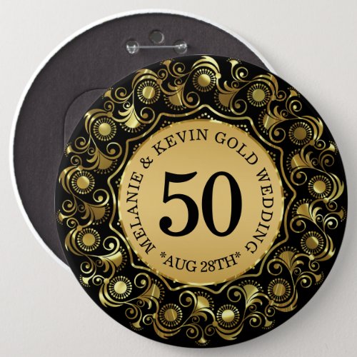 50th Wedding Anniversary Black  Gold Custom Text Pinback Button