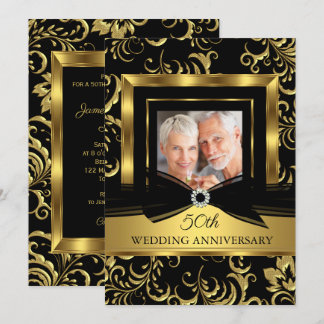 50th Wedding Anniversary Black Gold Damask Photo Invitation