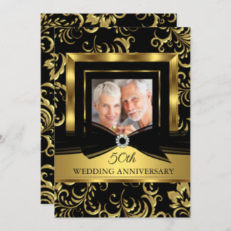 50th Wedding Anniversary Black Gold Damask Photo Invitation