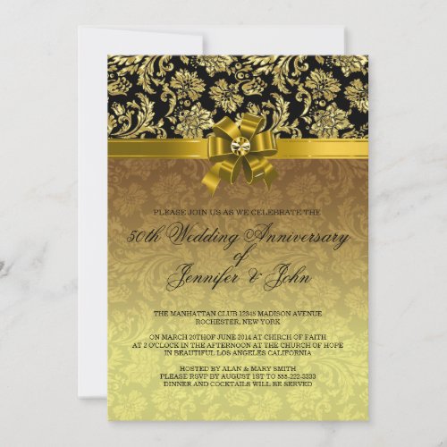 50th Wedding Anniversary Black  Gold Damasks 2 Invitation
