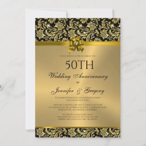 50th Wedding Anniversary Black  Gold Damasks 3 Invitation