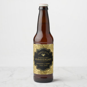50th Wedding Anniversary Black & Gold Damasks Beer Bottle Label