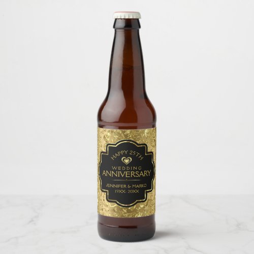 50th Wedding Anniversary Black  Gold Damasks Beer Bottle Label