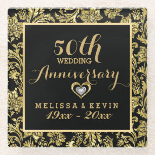 50th Wedding Anniversary Black & Gold Damasks Glass Coaster