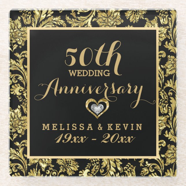 50th Wedding Anniversary Black & Gold Damasks Glass Coaster (Front)