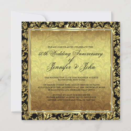 50th Wedding Anniversary Black &amp; Gold Damasks Personalized Announcements
