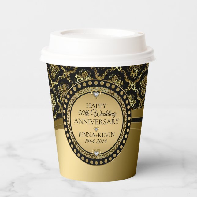 50TH Wedding Anniversary Black & Gold Damasks Pape Paper Cups (Front)