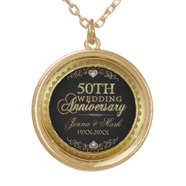 50th Wedding Anniversary Black Gold & Diamonds Gold Plated Necklace (Front)
