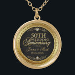 50th Wedding Anniversary Black Gold & Diamonds Plated Necklace<br><div class="desc">Elegant 50th wedding anniversary gold and diamonds glitter print over black background. Gold tones round circle frame. Customizable names and years.</div>