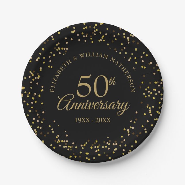50th Wedding Anniversary Black Gold Dust Confetti Paper Plates (Front)