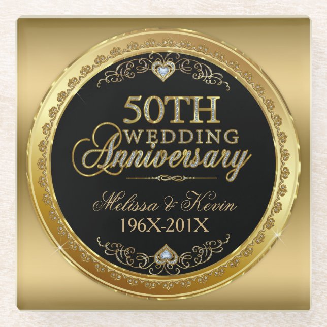 50th Wedding Anniversary Black & Gold Glass Coaster (Front)
