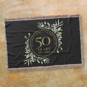 50th Wedding Anniversary Black Gold Greenery Leaf Throw Blanket