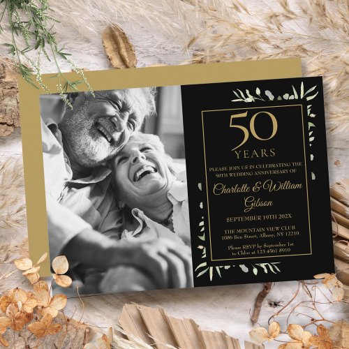 50th Wedding Anniversary Black Gold Greenery Photo Invitation