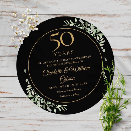 50th Wedding Anniversary Black Gold Greenery Round Save The Date