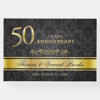 50th Wedding Anniversary Black Gold Guest Book by IrinaFraser at Zazzle