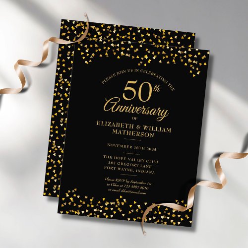 50th Wedding Anniversary Black Gold Hearts  Invitation Postcard