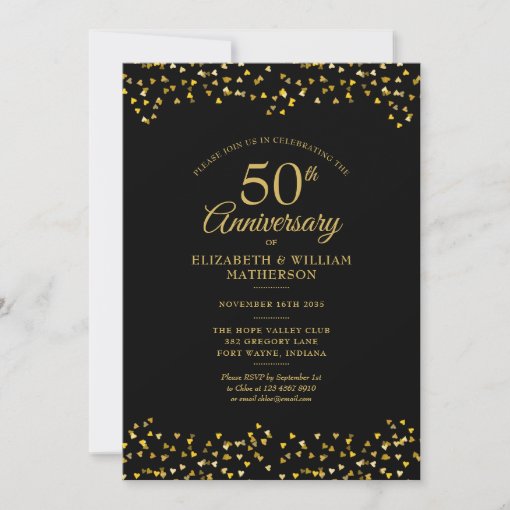 50th Wedding Anniversary Black Gold Hearts Photo Invitation 