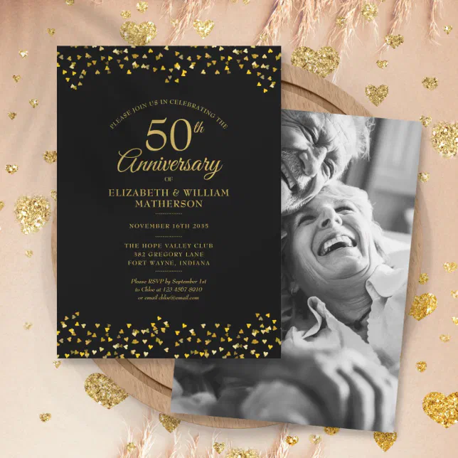 50th Wedding Anniversary Black Gold Hearts Photo Invitation | Zazzle