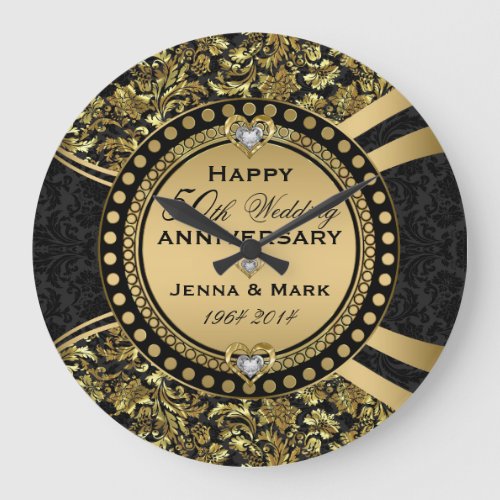 50th Wedding Anniversary Black  Gold Large Clock