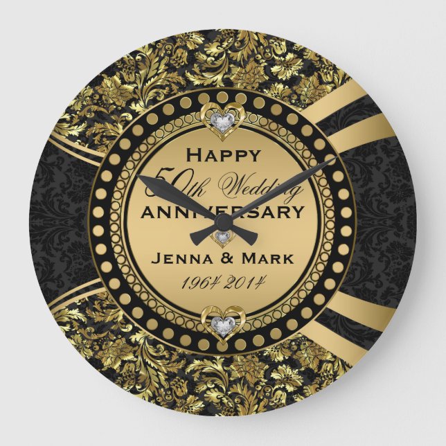 50th Wedding Anniversary Black & Gold Large Clock (Front)